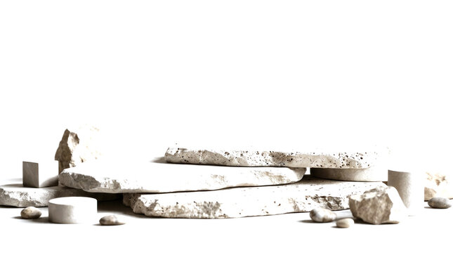 A person stands on a stack of broken white marble pieces outdoors.