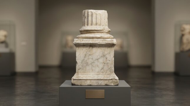 Ancient marble column sculpture on display in a museum gallery with pedestals