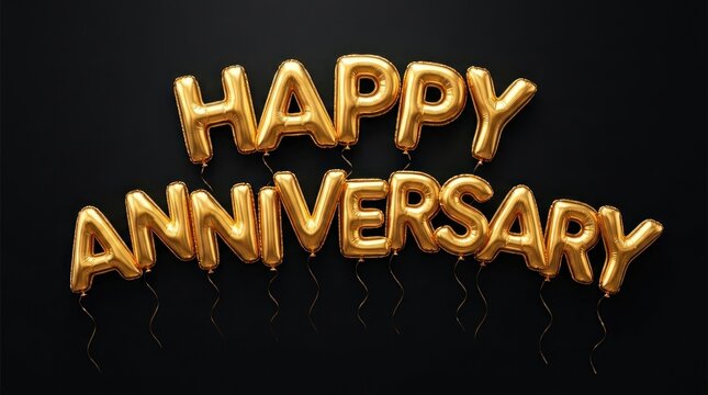 Golden balloons display Happy Anniversary message on dark background