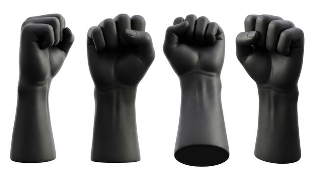 Four black fists raised up in protest or solidarity together