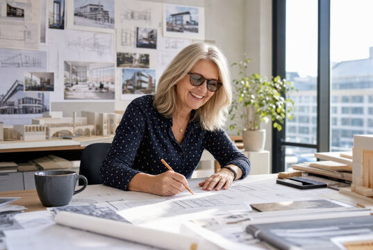 Mujer de 60 a&ntilde;os, arquitecta , en su despacho, sentada reviisando planos en una mesa