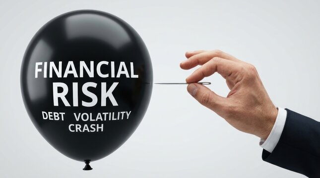 A suited hand holding a needle pricks a black balloon labeled Financial Risk.