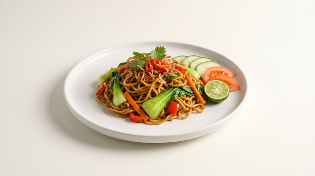 Authentic Indonesian mie goreng isolated on a clean white background, perfect for food packaging, restaurant menus, e-commerce, and commercial advertising.