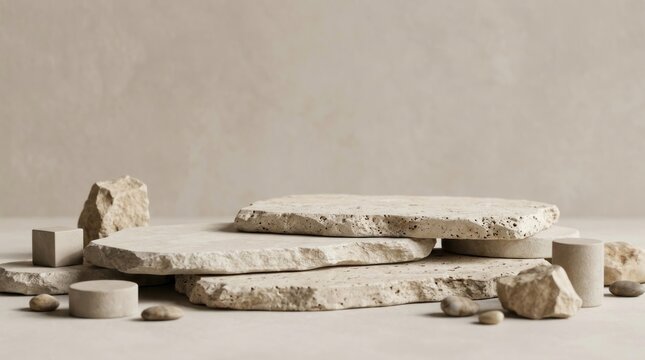 A minimalist still life arrangement of stacked stone slabs and cylindrical objects on a beige surface against a neutral background.
