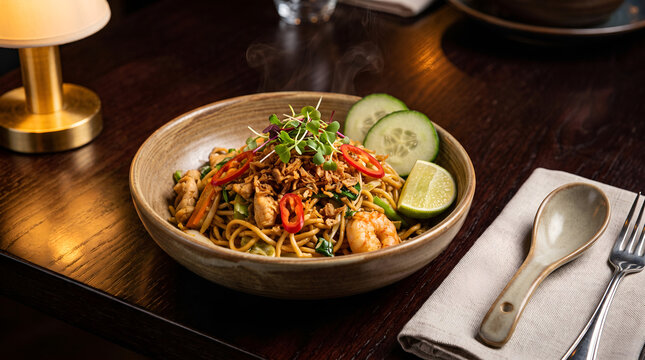 Elegant Indonesian mie goreng served in a premium restaurant setting, suitable for hospitality branding, luxury dining promotions, restaurant menus, and tourism marketing.