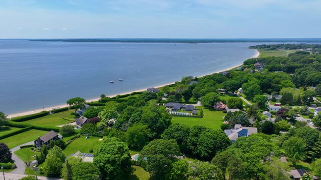 Barrington Beach aerial view at the Providence River mouth to Narragansett Bay, in town of Barrington, Rhode Island RI, USA. 