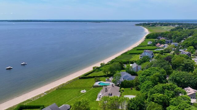 Barrington Beach aerial view at the Providence River mouth to Narragansett Bay, in town of Barrington, Rhode Island RI, USA. 