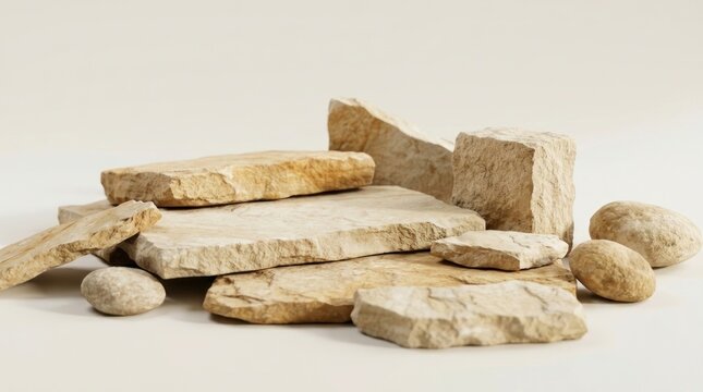 A collection of variously shaped stones are arranged on a surface.