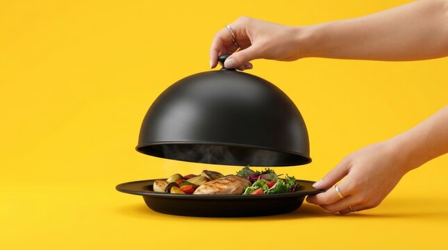 A person serving food with a black cloche on a plate indoors.
