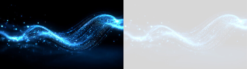 Vibrant blue light wave with glowing particles. Abstract blue energy trail on black and transparent background. Futuristic magic dust effect © Тетяна Миргородська