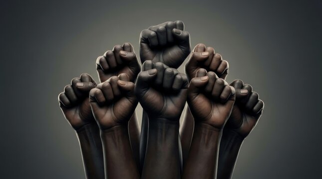 Several raised fists of people in a powerful gesture of unity and protest against social issues in a dark setting.