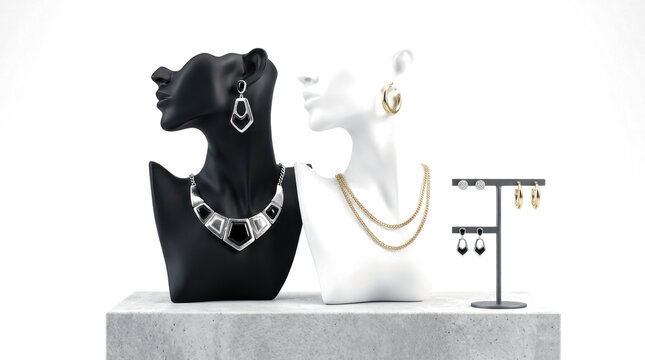 Jewelry display on two mannequin busts with earrings and necklaces