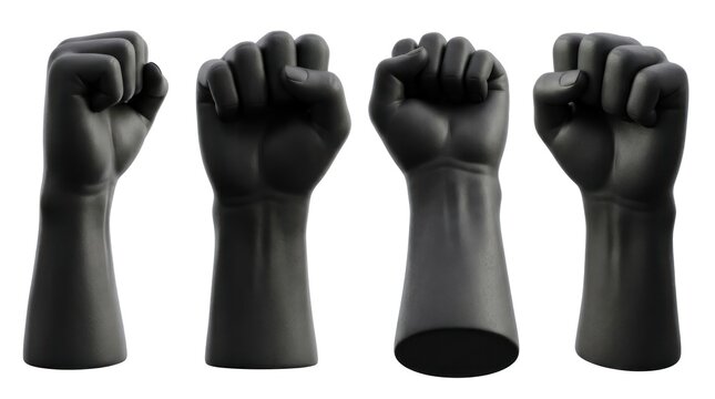 Four black fists are clenched and raised in protest together outdoors.