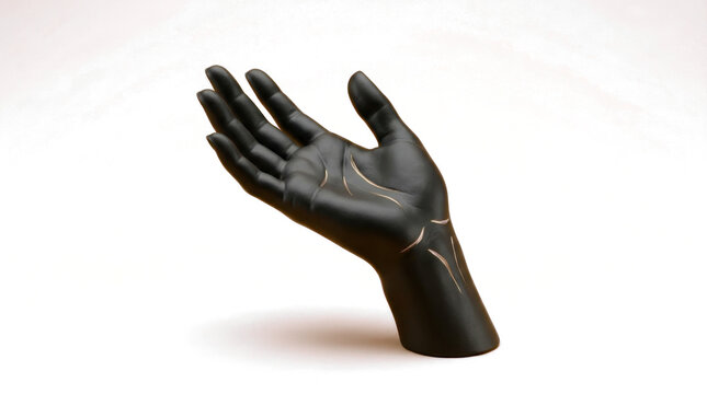 A black glove is shown on a white surface with hand raised.