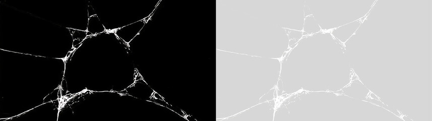 Shattered glass with central hole on black and transparent background. Realistic broken window cracks. Impact damage texture for design overlay © Тетяна Миргородська
