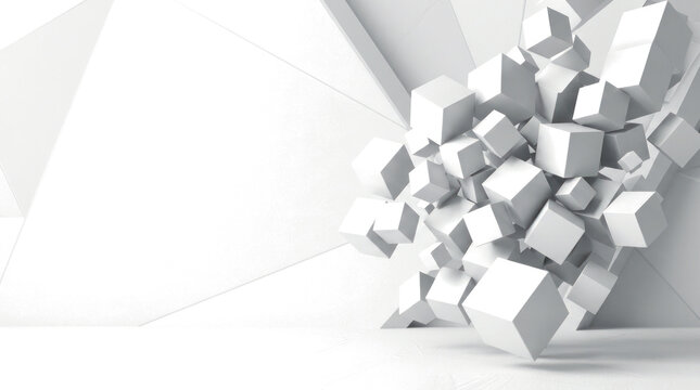 A group of white cubes explodes in a modern geometric room interior.