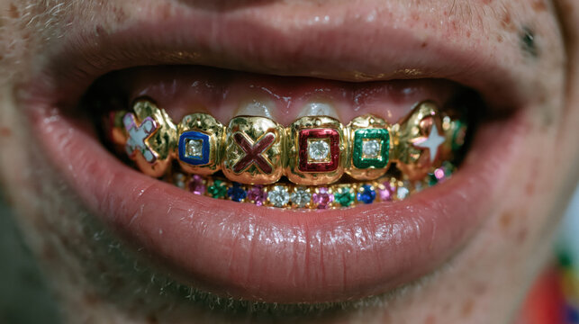 closeup hockey player mouth with futuristic gaming inspired grillz