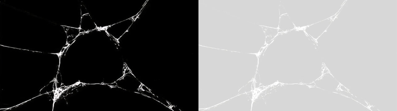 Shattered glass with central hole on black and transparent background. Realistic broken window cracks. Impact damage texture for design overlay