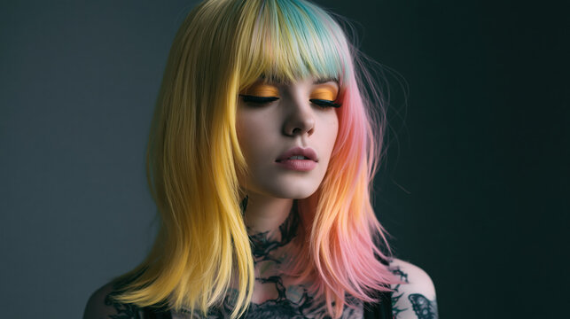 pastel rainbow straight wig on model with silky shoulder length hair