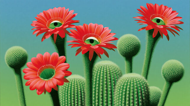surreal cactus flowers with eyeballs in blooming centers