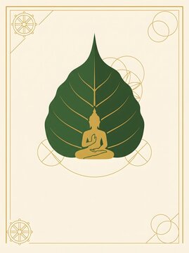 Minimalist buddha sitting under bodhi tree leaf with geometric circular patterns gold frame.