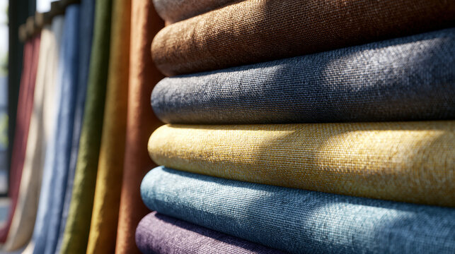 luxury fabric swatches with soft sunlight in furniture showroom