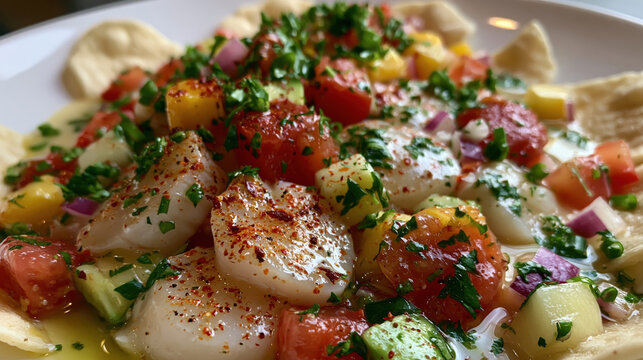 homemade scallop ceviche with creamy texture on white counter