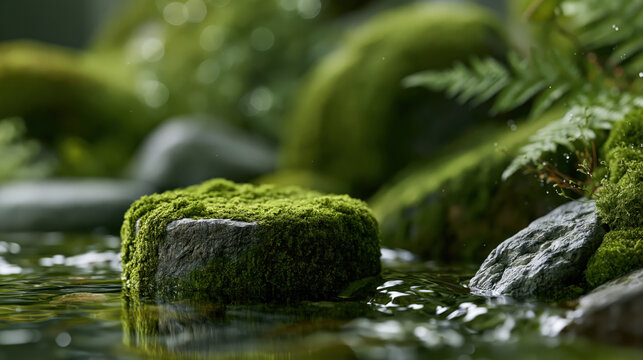 luxury botanical skincare stage with moss water and copy space