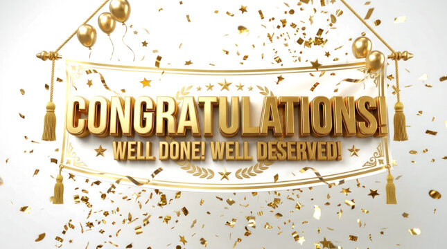 Golden congratulations banner with confetti and glittering decorations