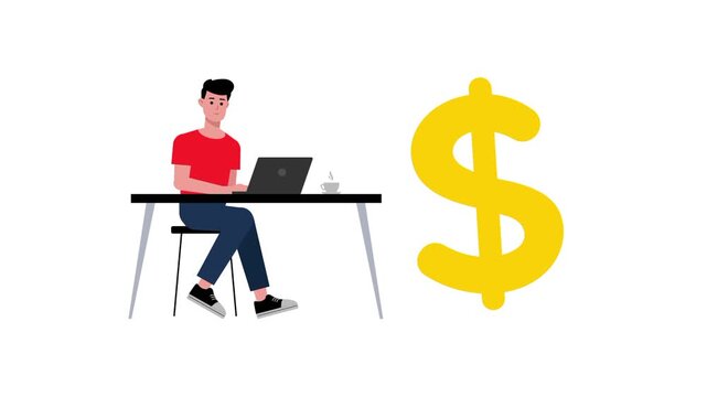 Animated a male work on laptop online and big money cartoon vector. Business icon sign. Result and target illustration idea, achievement office goal symbol. Isolated Clear white background template.