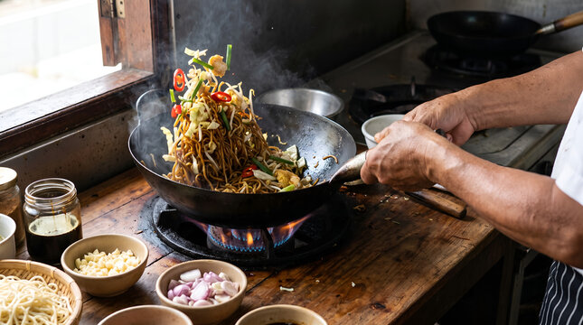 Authentic Indonesian mie goreng being cooked in a wok with only hands visible, ideal for culinary education, restaurant branding, tourism promotion, and food advertising.
