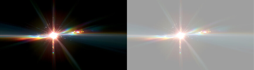 Intense rainbow lens flare with wide light spectrum. Brilliant optical effect on black and transparent background. Cinematic light streak design element for film. Copy space for text © Тетяна Миргородська
