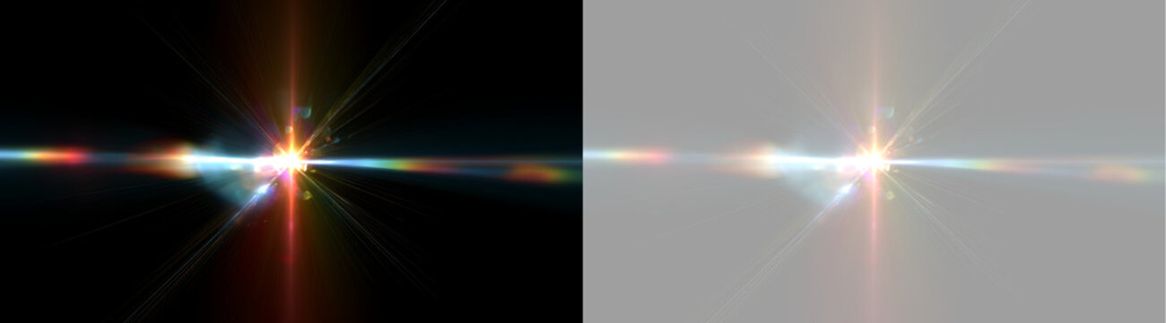 Starburst lens flare with horizontal rainbow streaks. Intense light effect on black and transparent background. Optical flare and light leak element for overlay. Copy space for text