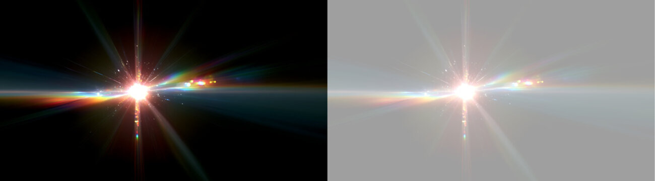 Intense rainbow lens flare with wide light spectrum. Brilliant optical effect on black and transparent background. Cinematic light streak design element for film. Copy space for text