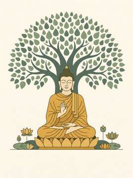 Buddha meditating under large bodhi tree with green leaves and lotus flowers vector graphic.