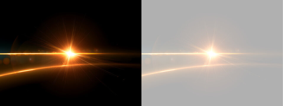 Golden lens flare with horizontal light streak and starburst effect. Bright orange optical flare isolated on black and transparent background. Cinematic light element for design