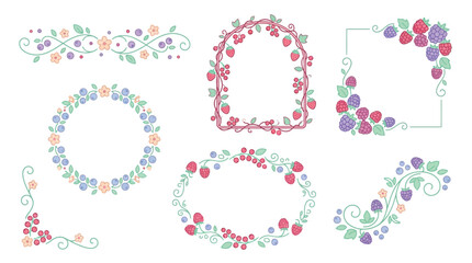 Collection of decorative floral and berry borders and frames in a cute, whimsical style. © Pink