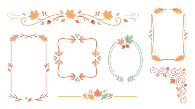 Collection of decorative autumn borders and frames with maple leaves and acorns, perfect for seasonal designs.