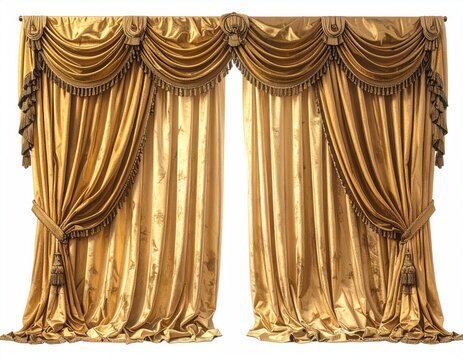 Luxurious golden drapes with ornate swags, tassels, and textured fabric