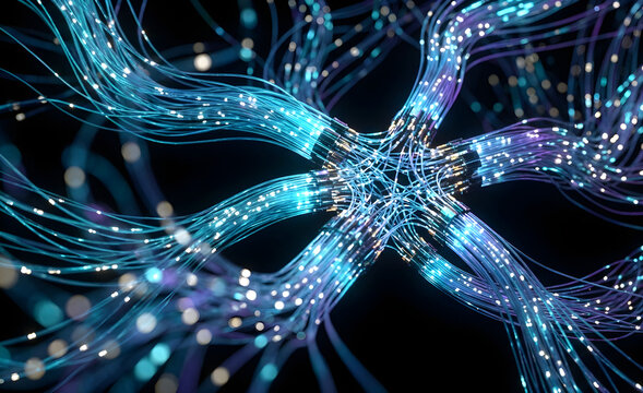 Abstract connected dots and lines. Concept of AI technology, Motion of digital data flow. Communication and technology network concept with moving lines and dots. 3D renderin