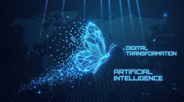 Futuristic blue lowpoly Butterfly abstract technology background. Artificial intelligence digital transformation and big data concept. Business quantum internet network communication evolution concept