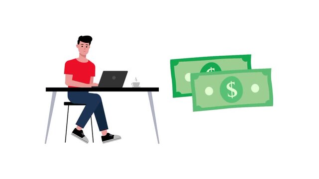 Animated a male work on laptop online and big money cartoon vector. Business icon sign. Result and target illustration idea, achievement office goal symbol. Isolated Clear white background template.