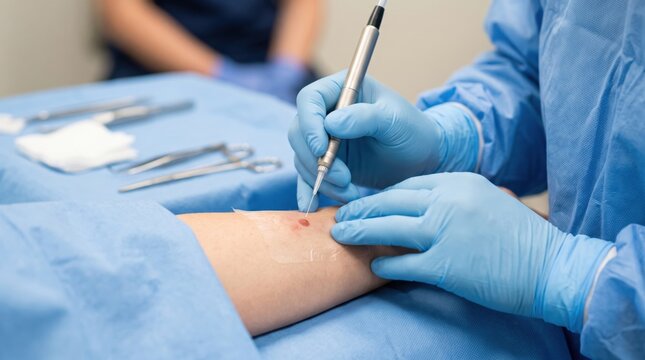 Surgeon performing minor dermatological surgery on a patient skin lesion. Doctor using an electrosurgical device for mole removal in a clinical setting. Medical procedure for skin cancer.