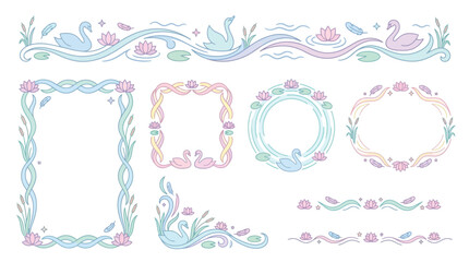 Set of decorative borders and frames with swans and water lilies in pastel colors. © Pink