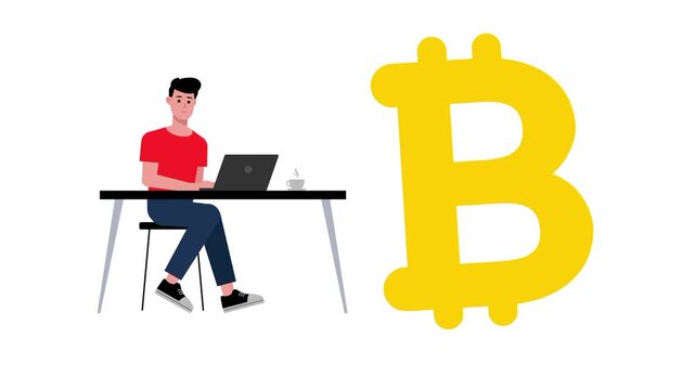 Animated a male work on laptop online and big bitcoin money cartoon vector. Business icon sign. Result and target illustration idea, achievement office goal symbol. Isolated clear white background 