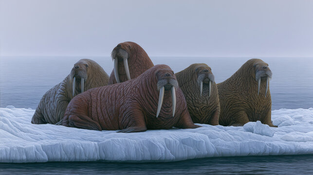 Walrus herd on ice floe in arctic ocean, prominent tusks and detailed whiskers, overcast sky, realistic texture, widescreen composition