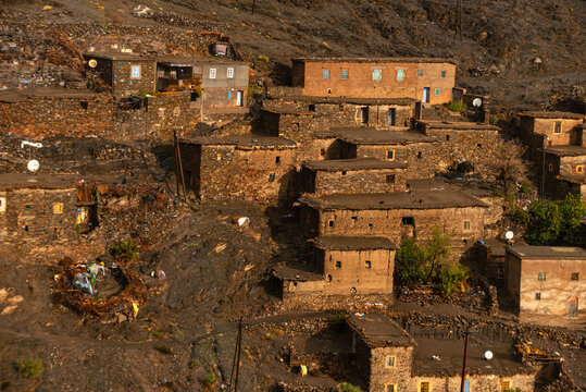 Terraced stone dwellings in a historic pueblo amazigh on the slopes of the Anti-Atlas Mountains near Tafraoute in Morocco