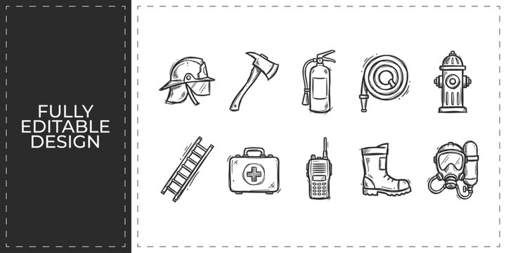 Emergency fire rescue and public safety hand drawn doodle icons set featuring firefighter hat axe and ladder for first aid and community department branding design