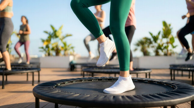 People jumping on trampolines outdoors, group fitness workout and cardio training