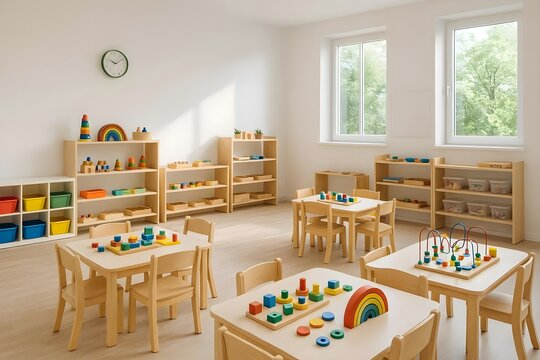 Empty Kindergarten Classroom Interior with Wooden Tables Chairs Shelves and Colorful Montessori Educational Toys for Early Childhood Development